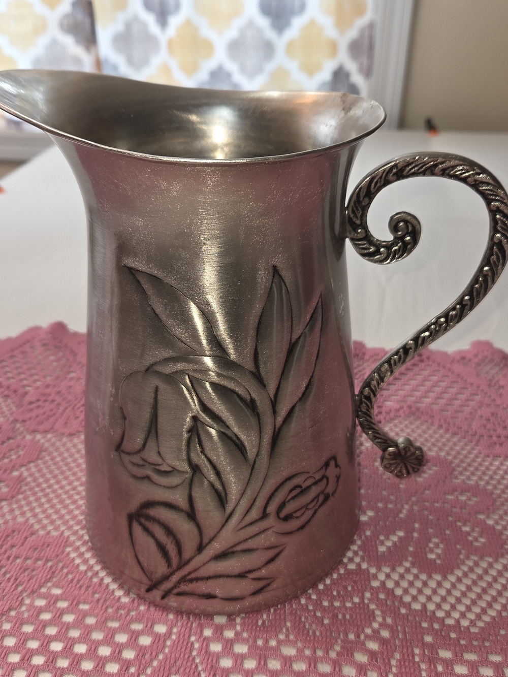 Vintage Embossed Floral Aluminim Pitcher in Silver Tone. CP